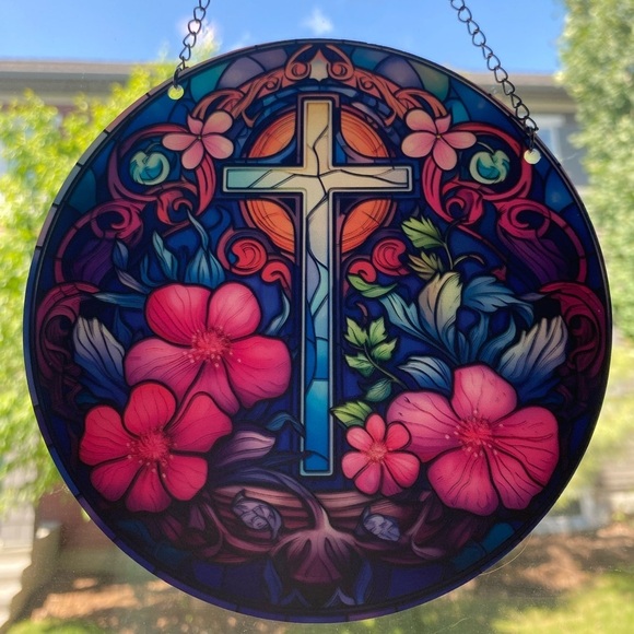 Other - Religious cross with pink flowers, acrylic hangingg suncatcher.